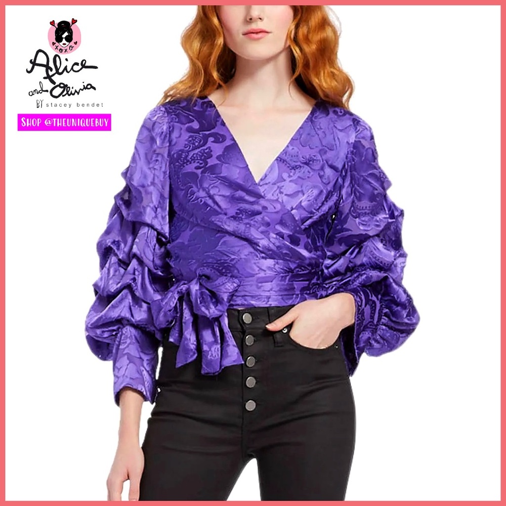Alice + Olivia Dominica Floral Reversible Ruffle Purple Crop Top Blouse